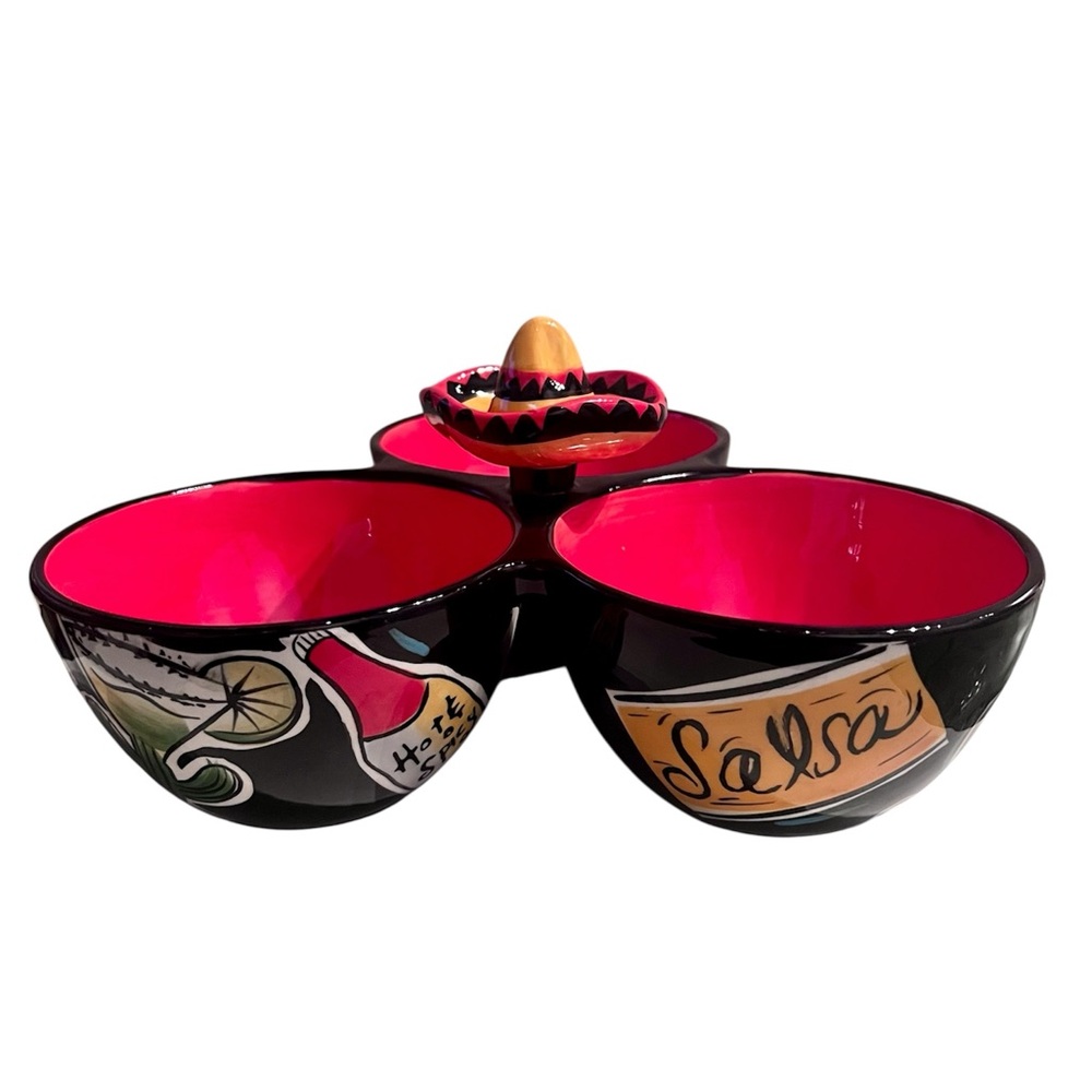 Clay Art 3 Section Salsa Bowl Below the Border Ceramic Condiment Serving Tray